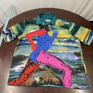 Artist-Print Multicolor Button-Down Shirt - Teal Collar